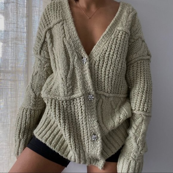 Zara Blogger favorite oversized chunky knit green cardigan - Picture 2 of 8